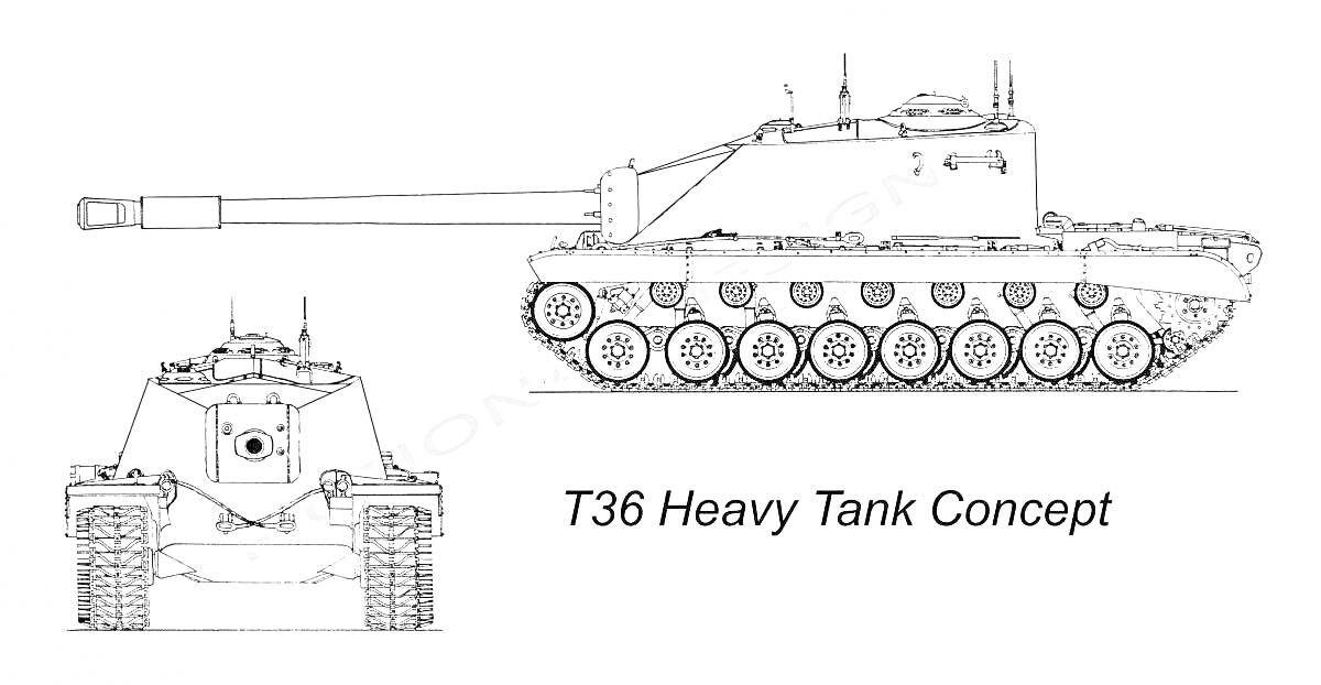 Раскраска T36 Heavy Tank Concept с длинным пушечным орудием, гусеницами и башней с оптическими приборами сверху.