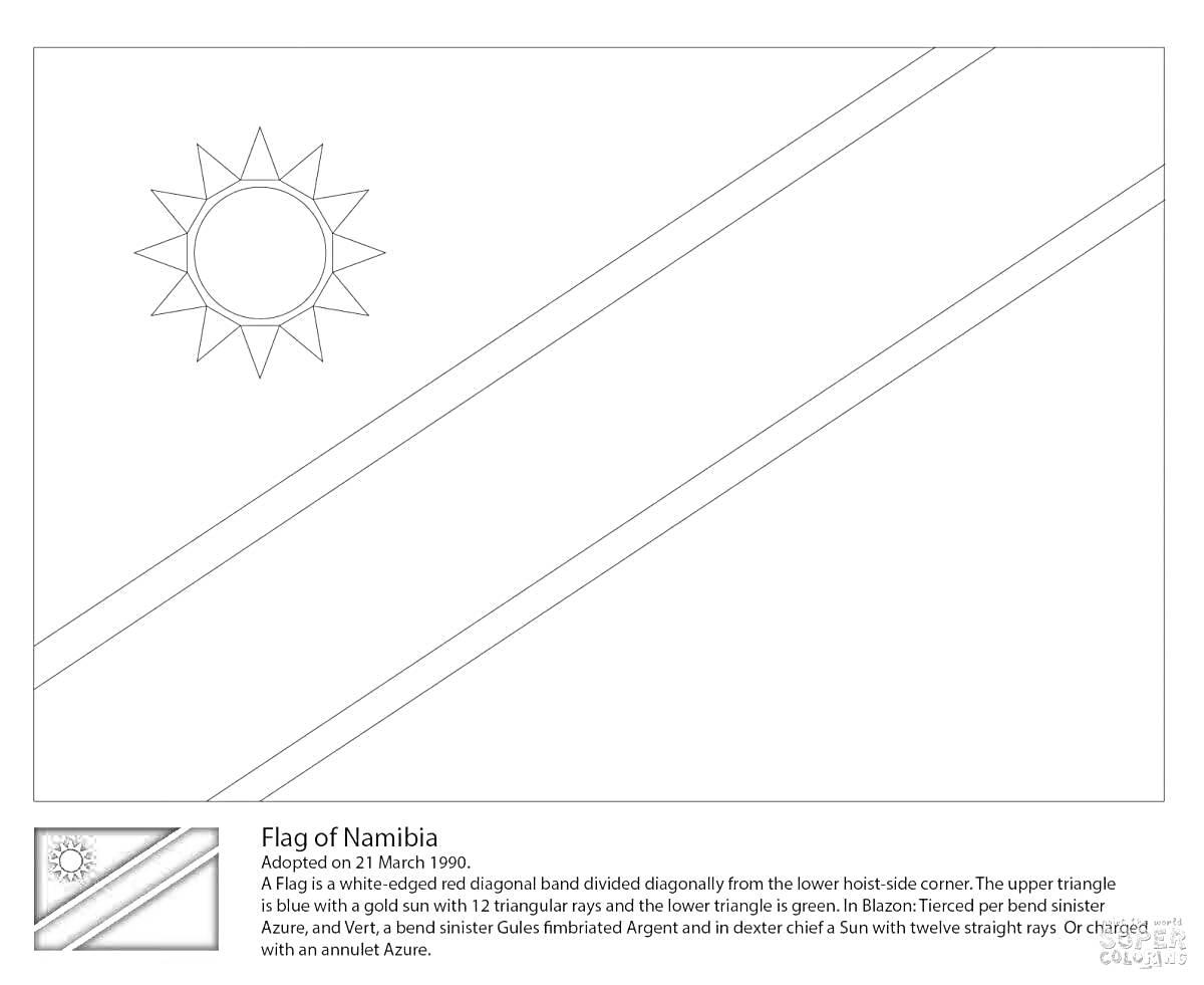Раскраска Раскраска флага Намибии с описанием, солнце и полосы