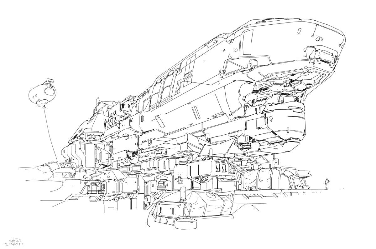 Раскраска Стоящий на платформе звездолет с маленьким дирижаблем и человеком на заднем плане