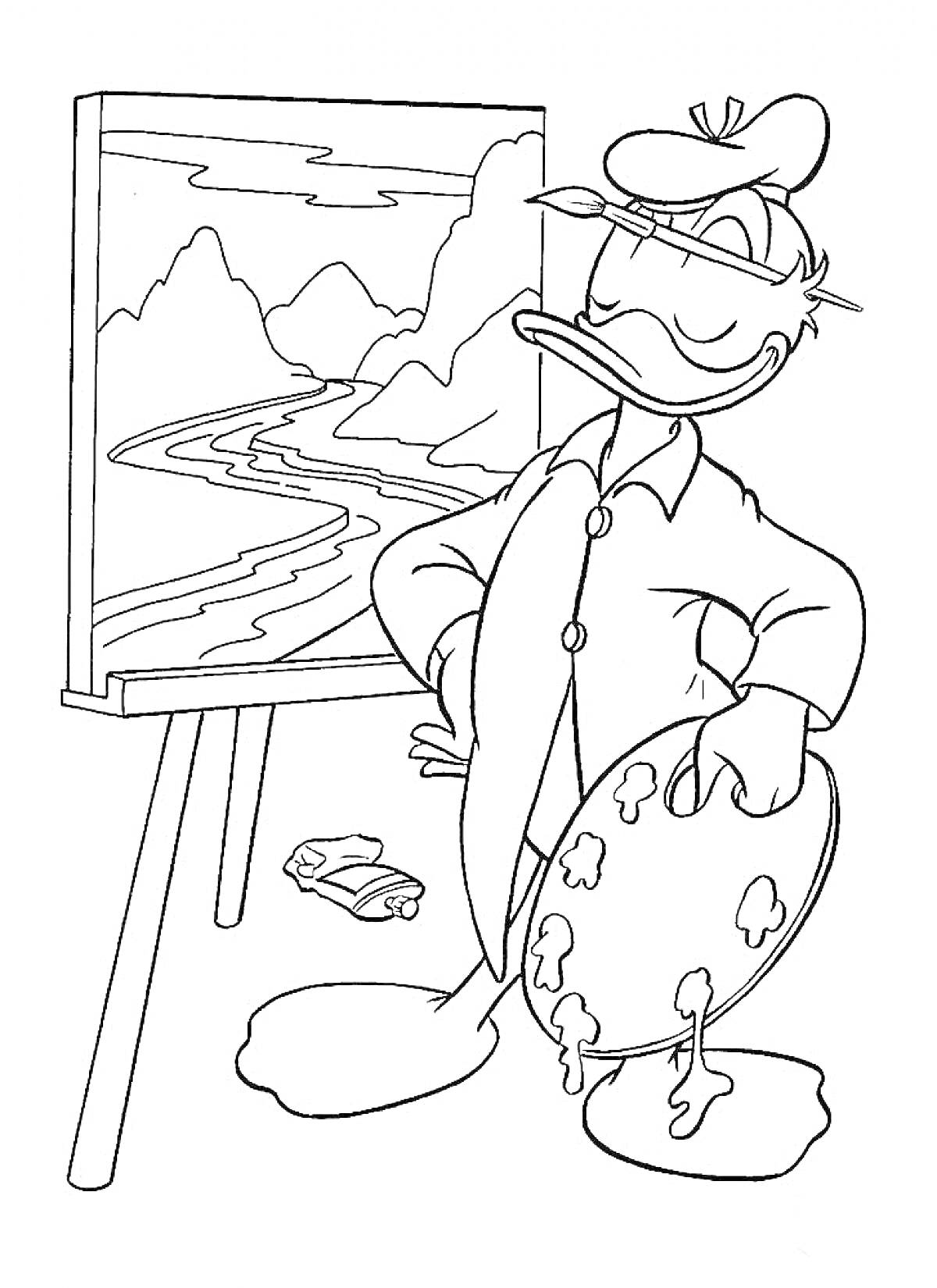 Раскраска Утка-художник перед мольбертом с пейзажем, держащая палитру и кисть
