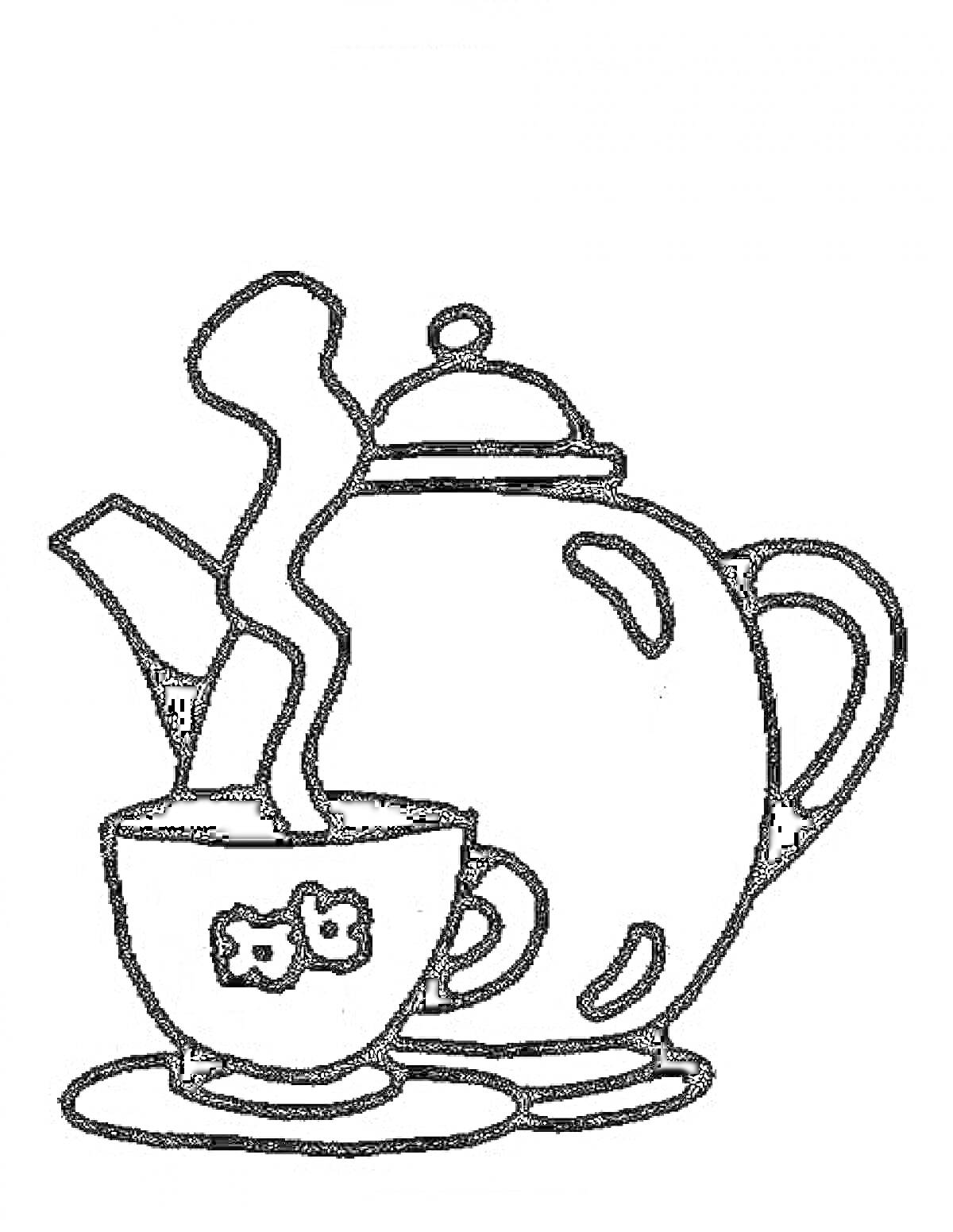 Раскраска Чайник с чашкой чая на блюдце, из чашки идет пар, на чашке цветочный узор