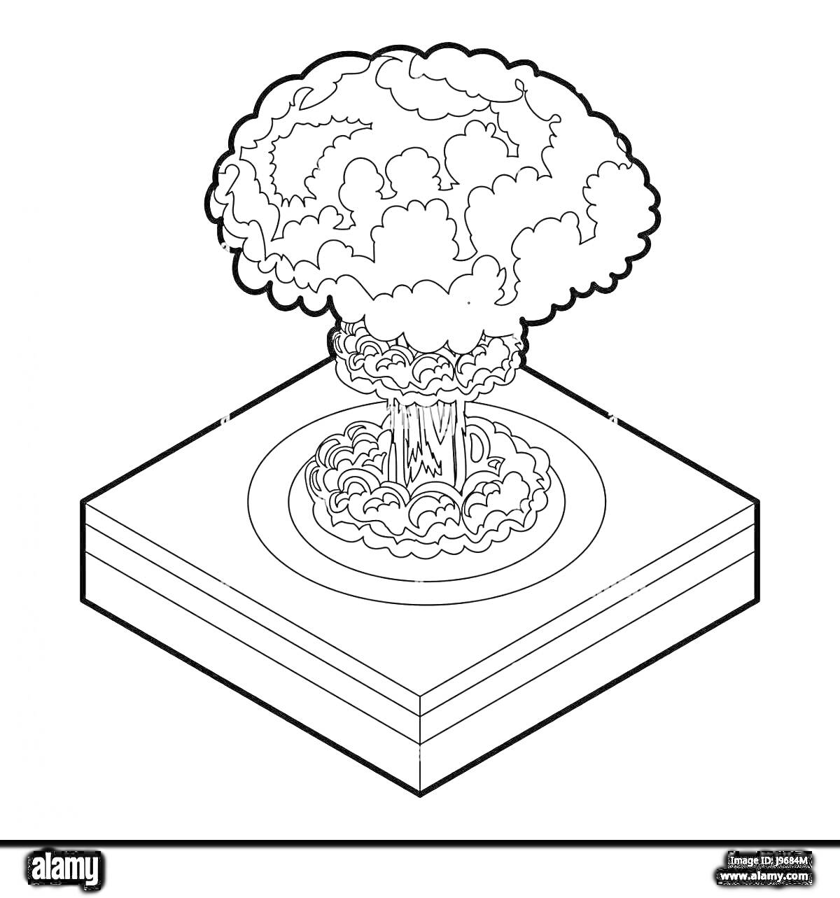 Раскраска взрыв атомной бомбы с грибовидным облаком на платформе