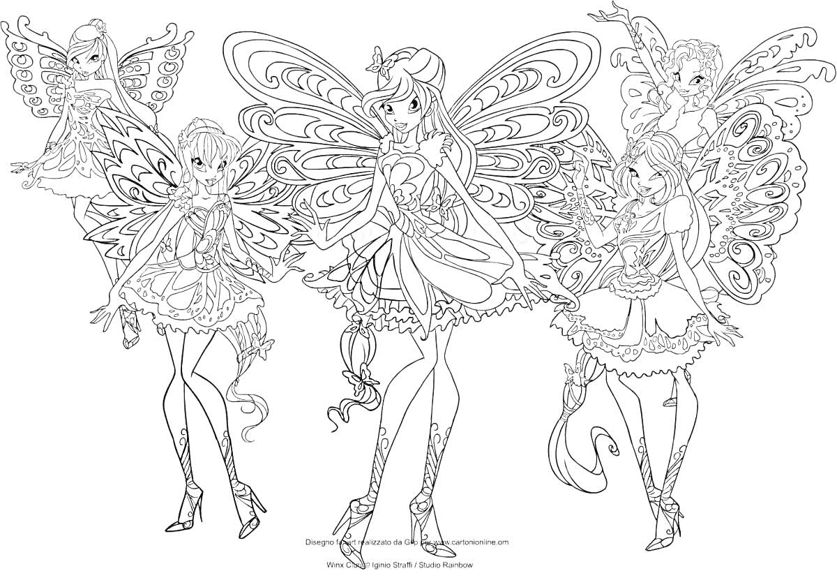 Раскраска Феечки Винкс в волшебных нарядах с крыльями и длинными волосами, стоящие вместе на одной линии