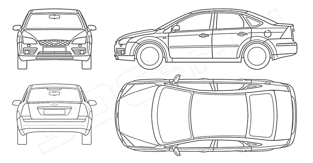 Раскраска Форд Мондео - вид спереди, сзади, сбоку и сверху