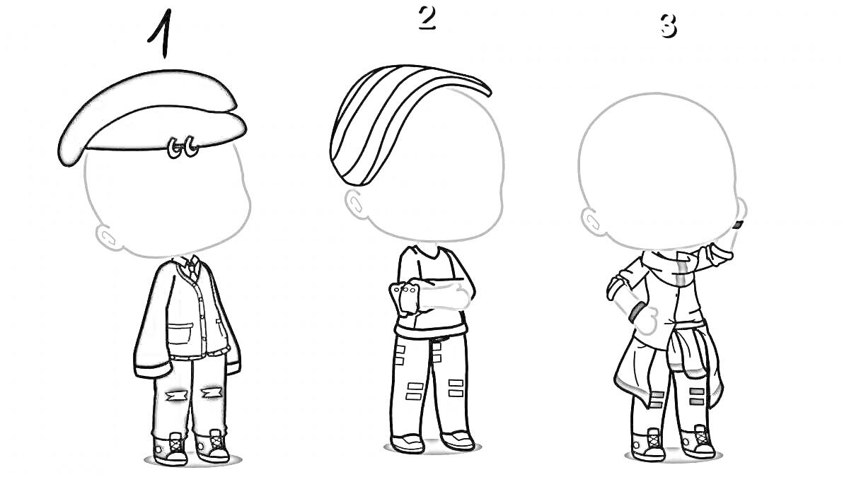 Раскраска Три персонажа из Gacha Club (1: персонаж в кепке и костюме, 2: персонаж в полосатой шапке и свитере, 3: персонаж в рубашке и юбке)