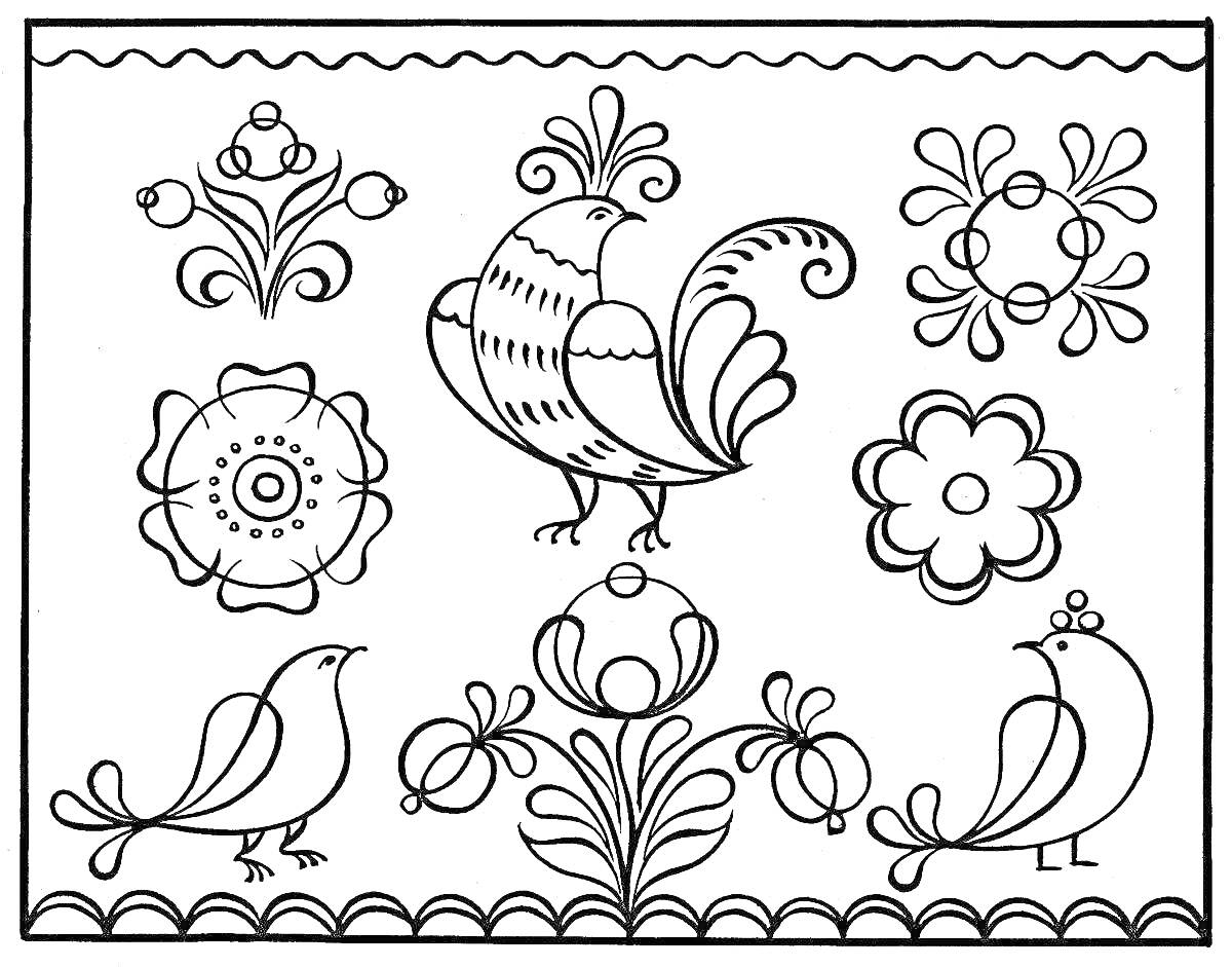 Раскраска Три птицы и цветы в городецкой росписи