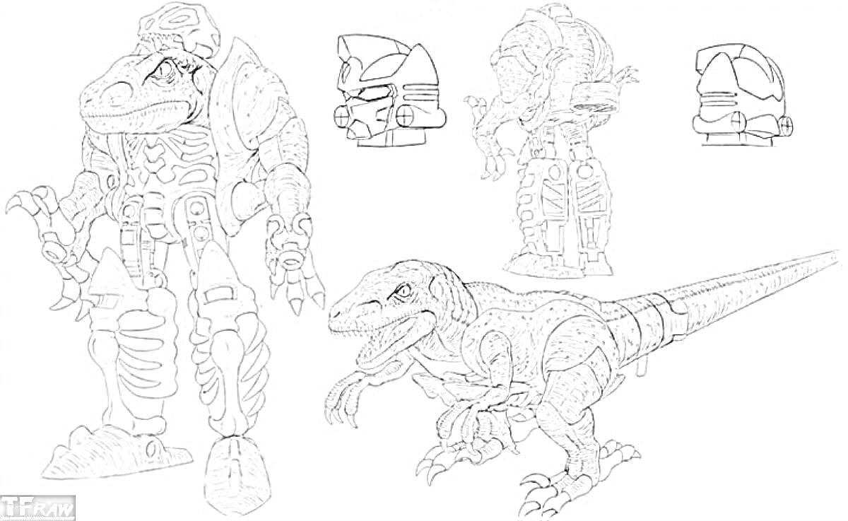 Раскраска Динозавр робот в трех позах и детализация головы, шлема и туловища