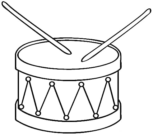 На раскраске изображено: Барабан, Музыкальный инструмент, Для мальчиков, 3-4 года, Музыка, Палочка
