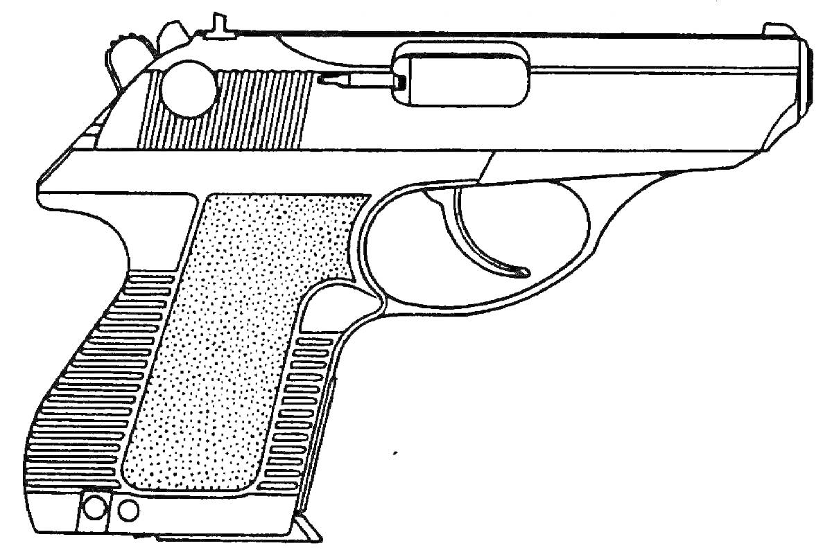На раскраске изображено: Пистолет, Оружие, Затвор, Спусковой крючок