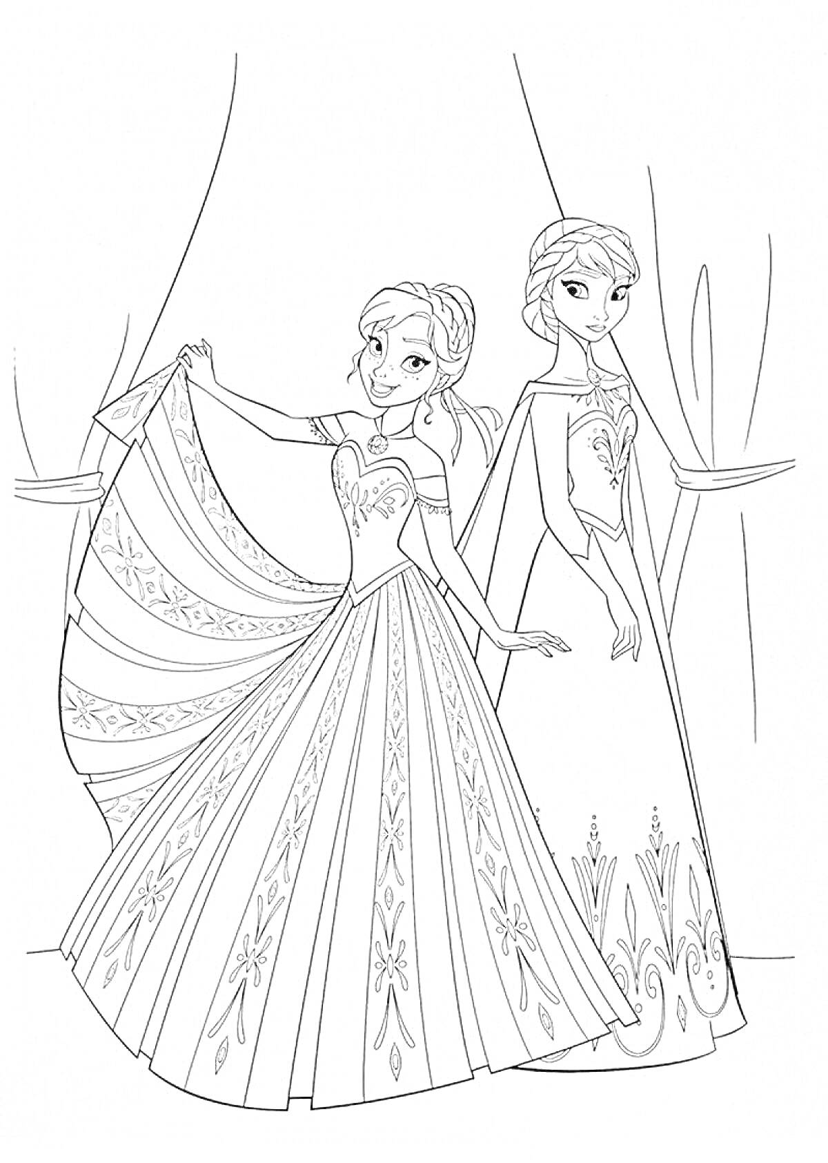 Раскраска Принцессы в платьях из мультфильма 