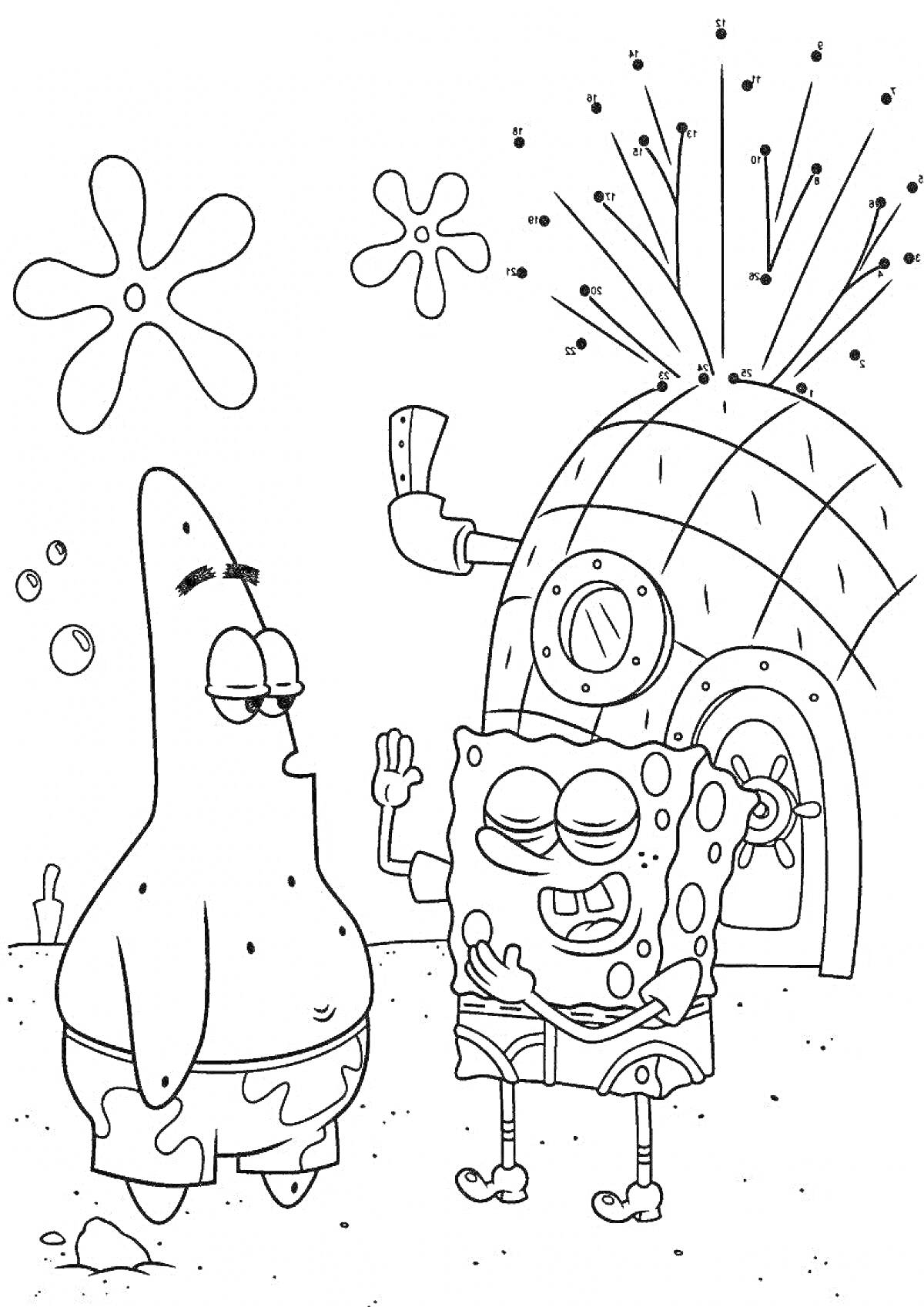 На раскраске изображено: Спанч Боб, Патрик, Друзья, Море, Подводный мир