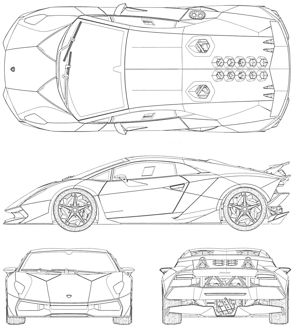 Раскраска Lamborghini Huracan Performante в проекциях (вид сверху, вид сбоку, вид спереди, вид сзади)