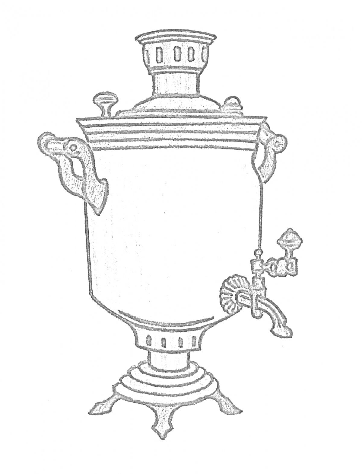 Раскраска Самовар с ручками и краном на подставке