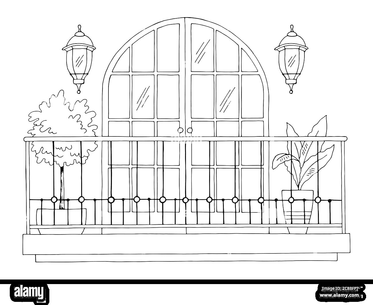 Раскраска Балкон с арочным окном, двумя настенными фонарями, двумя растениями в цветочных горшках и перилами