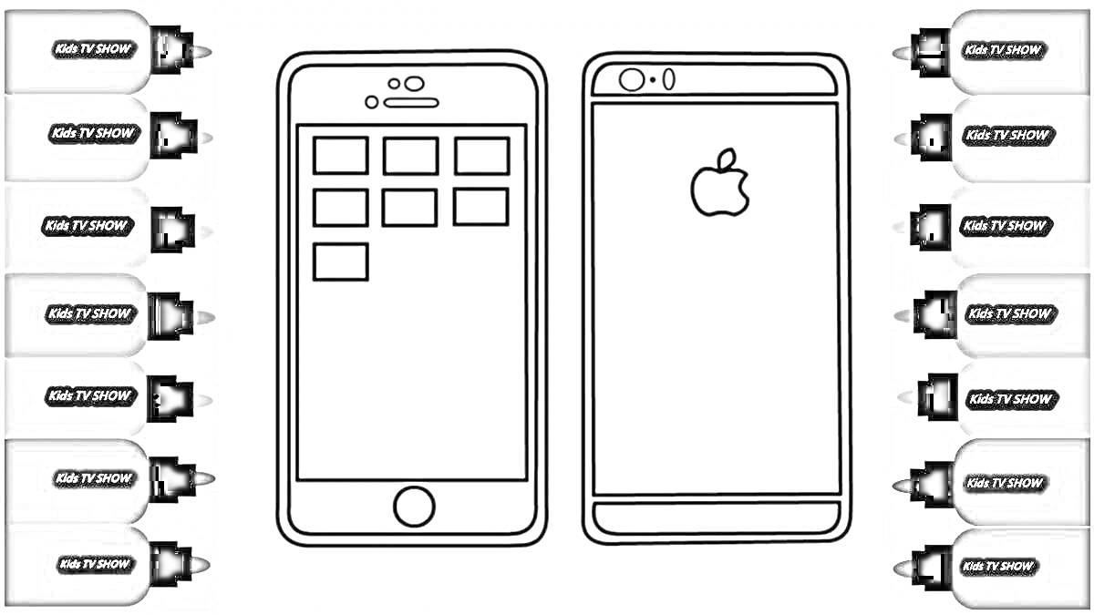 Раскраска Раскраска с изображением двух айфонов, одна из которых показывает переднюю панель с экранами приложений, а другая - заднюю панель с логотипом яблока, окруженными фломастерами.