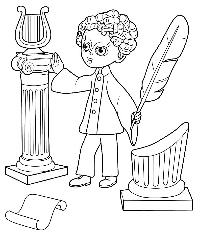 Раскраска Незнайка рядом с колонной, пером и свитком