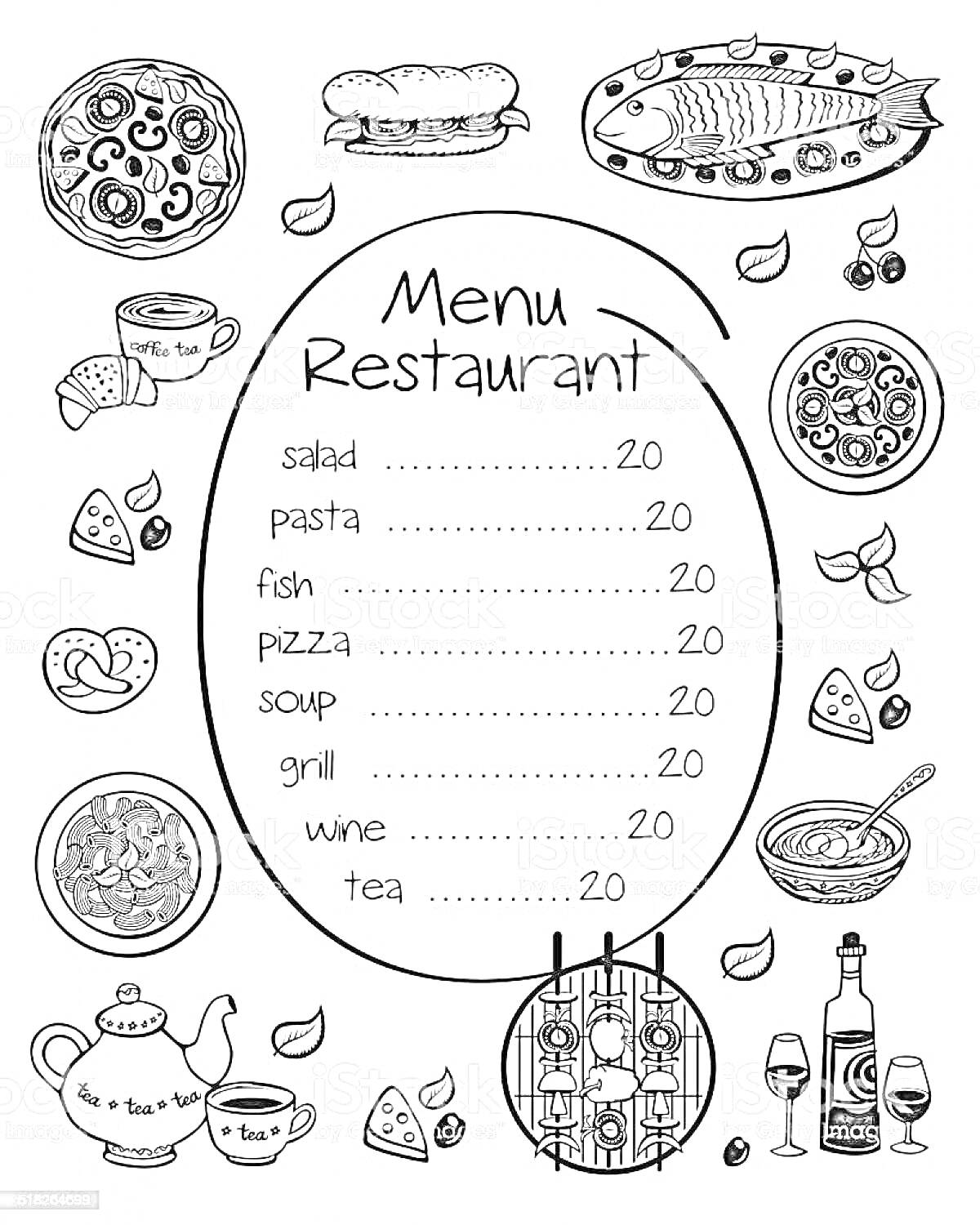 Раскраска Меню ресторана с изображением пиццы, бутерброда, рыбы на блюде, кусочков сыра, чизкейка со взбитыми сливками, яиц, салата из овощей, чашки супа с ложкой, кофейника и чашки, бутылки вина и бокалов, кусочков лимона.