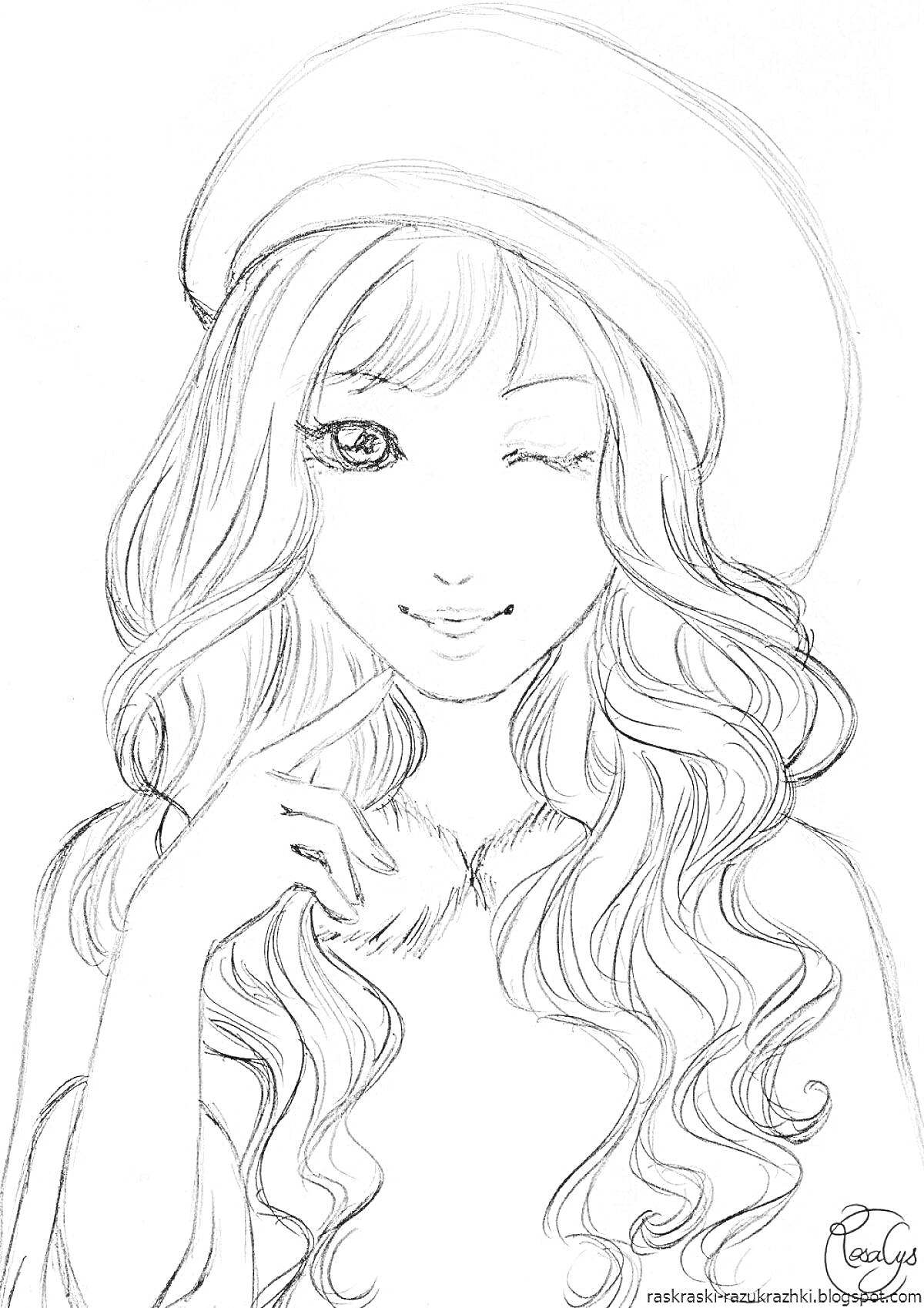 Раскраска Девушка с длинными волнистыми волосами и в берете, подмигивающая, рука у лица