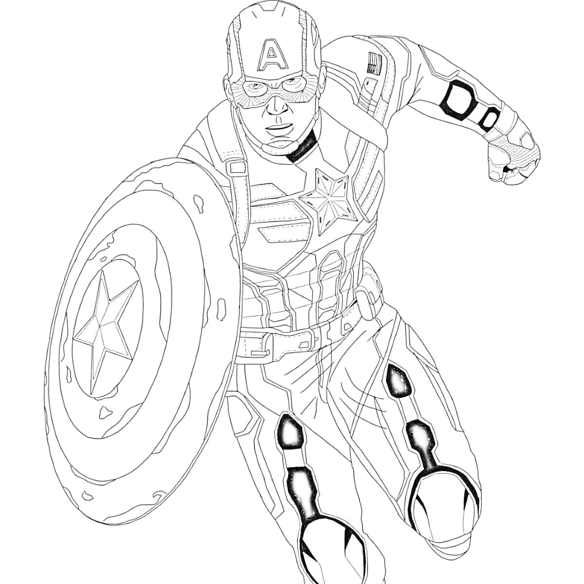 Раскраска Капитан Америка с щитом в руках, в боевой экипировке
