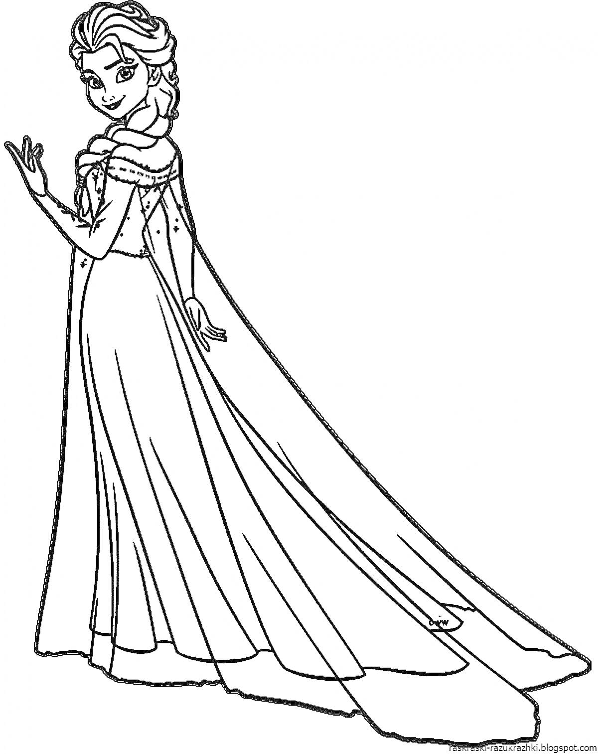 Раскраска Эльза в длинном платье, с длинной косой, повернутая в профиль, с протянутой рукой