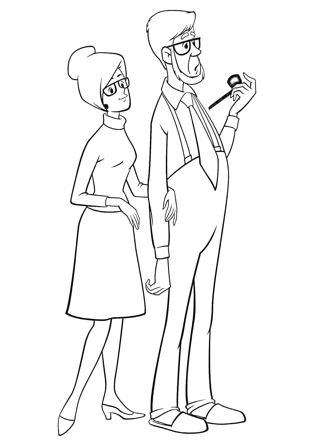 Раскраска Родители - женщина в очках в платье и мужчина в очках с трубкой в руках