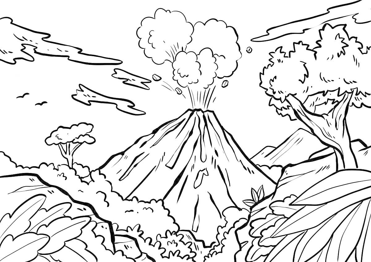 На раскраске изображено: Вулкан, Извержение, Облака, Деревья, Природа, Для детей, Пейзаж, Лес
