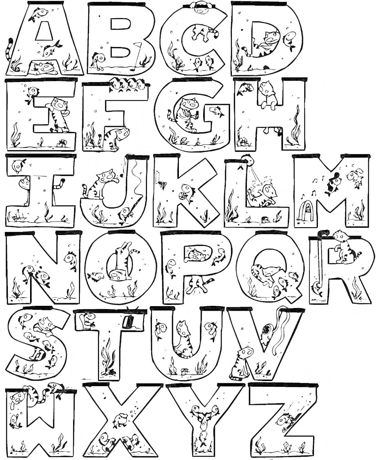 Раскраска Алфавит с элементами ужастиков: буквы с призраками, зомби, летучими мышами, пауками и могилами