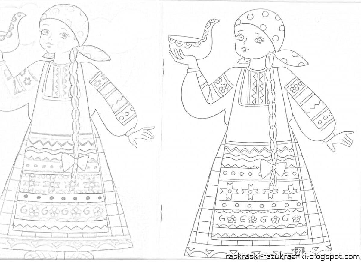Раскраска Девочка в русском народном костюме с птицей