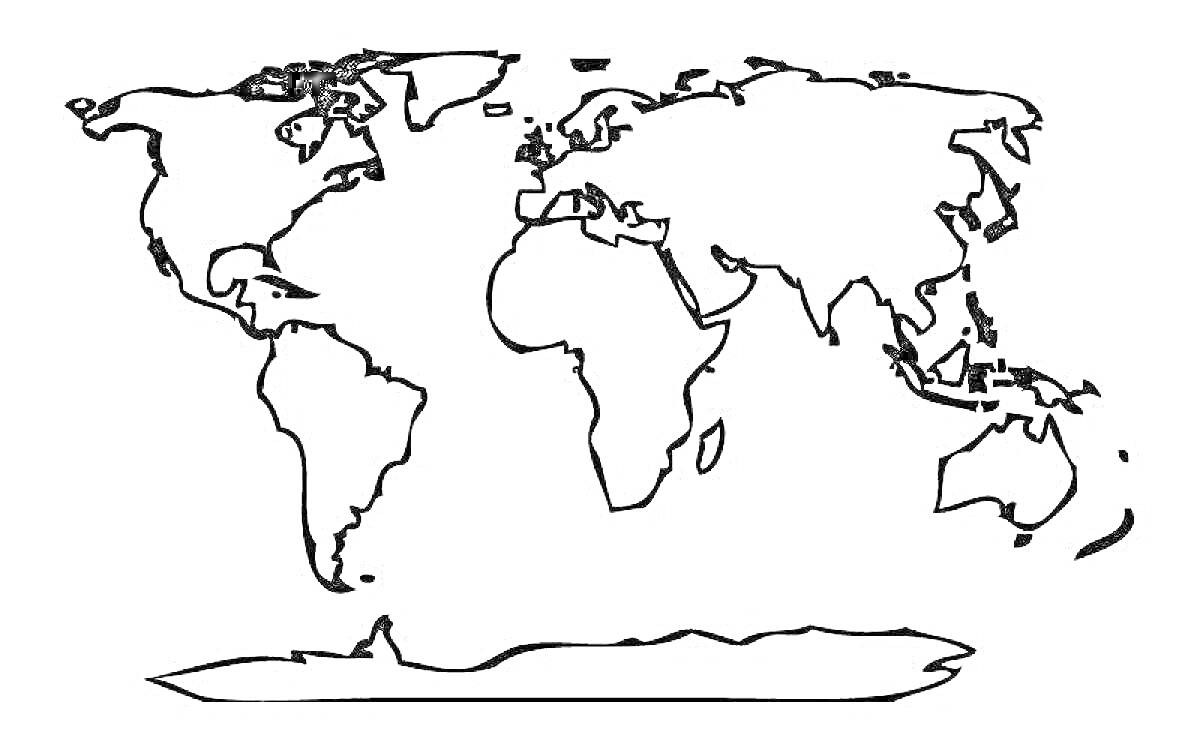 На раскраске изображено: Контурная карта, Континенты, Северная Америка, Южная Америка, Европа, Африка, Азия, Австралия, Антарктида, География