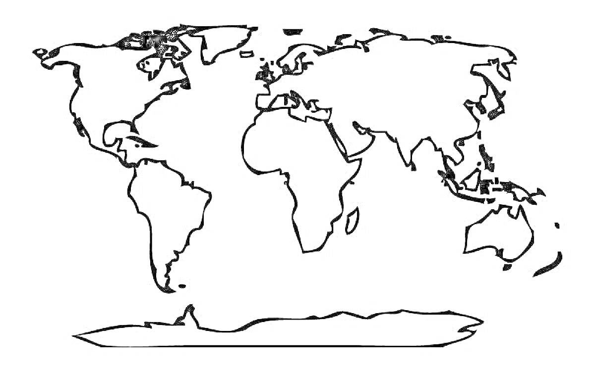 Раскраска Контурная карта мира с показанными материками Северная Америка, Южная Америка, Европа, Африка, Азия, Австралия и Антарктида