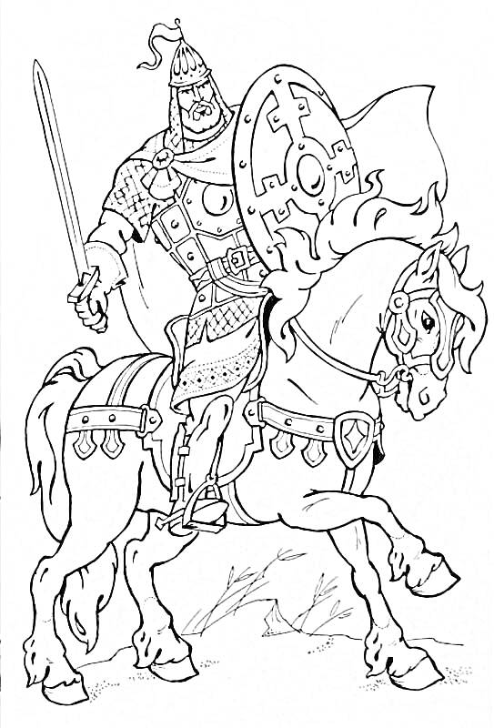 На раскраске изображено: Богатырь, Конь, Воин, Меч, Щит, Доспехи, Творчество, Для детей