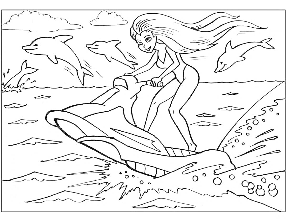 На раскраске изображено: Девочка, Дельфины, Море, Вода, Для девочек, 8 лет, Игра, Лето, Приключения