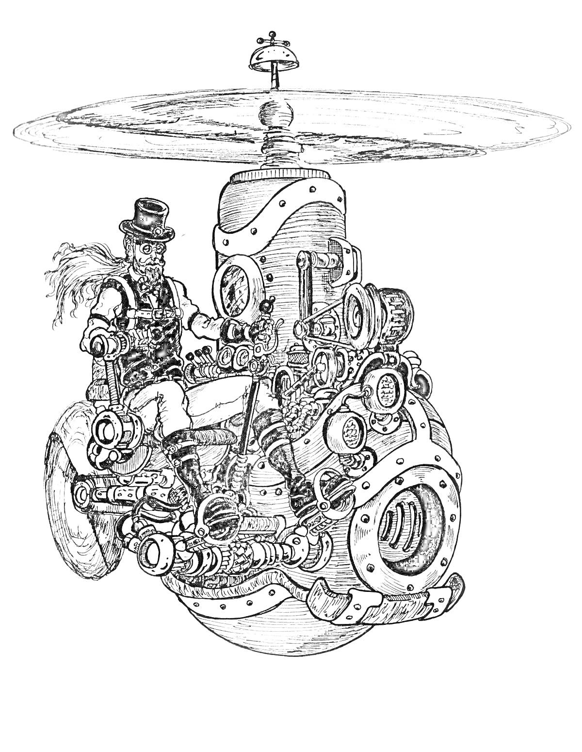 Раскраска Человек в цилиндре, управляющий антикварным летающим механизмом с пропеллером и множеством шестеренок и трубок
