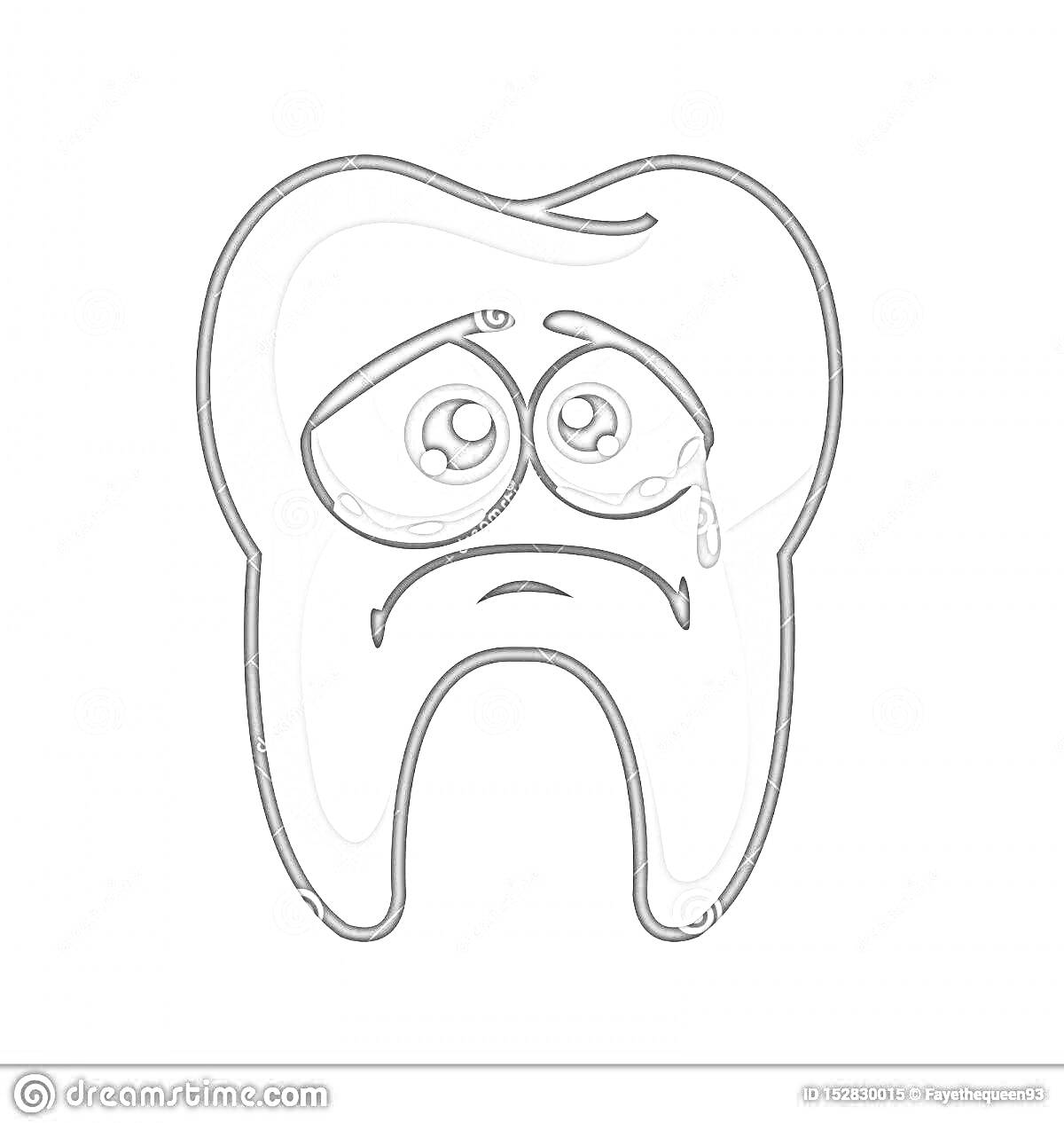 Раскраска Грустный зуб с плачущими глазами и слезой