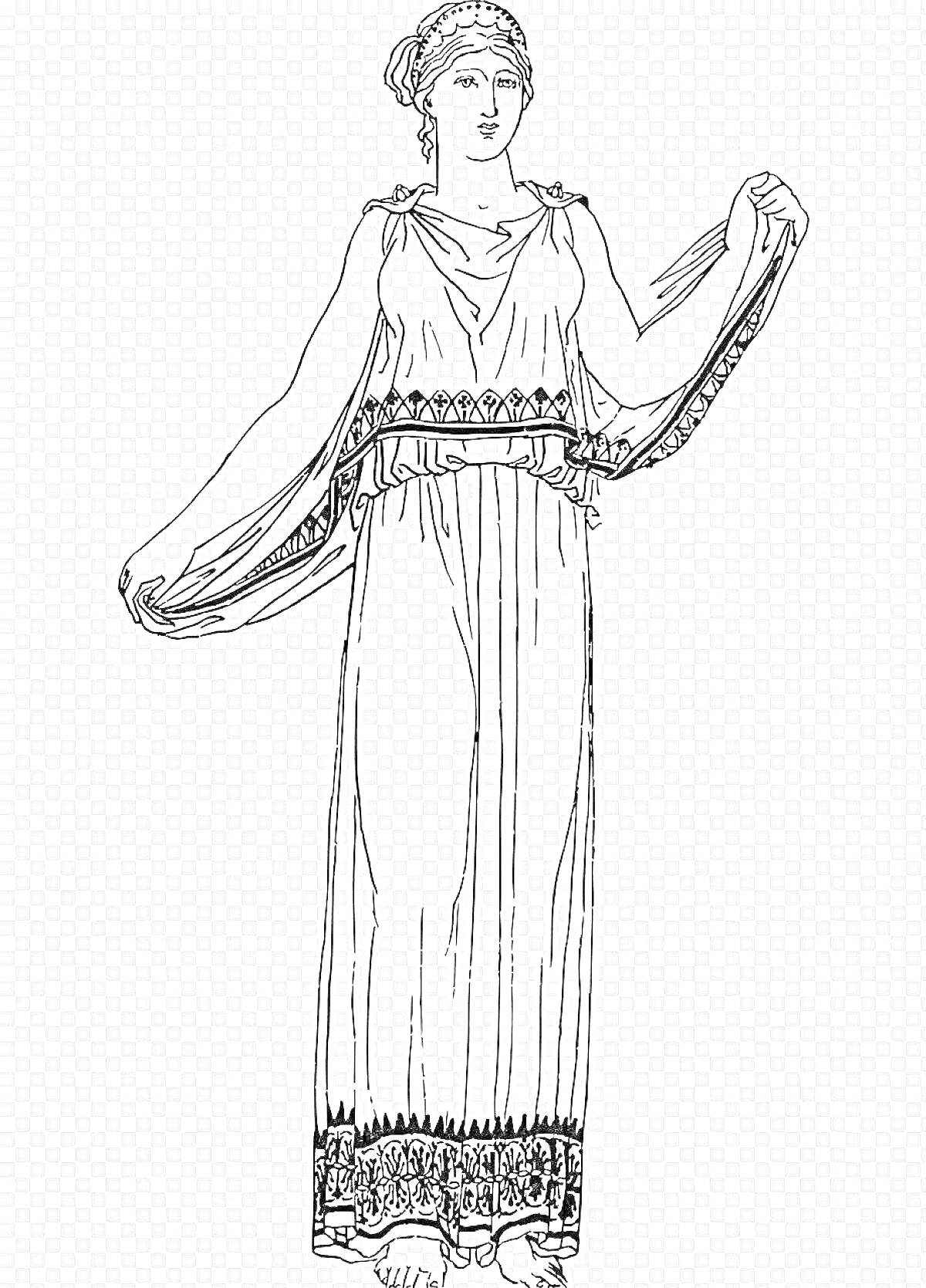 Раскраска Женщина в длинном хитоне с поясом на талии и декоративной каймой внизу