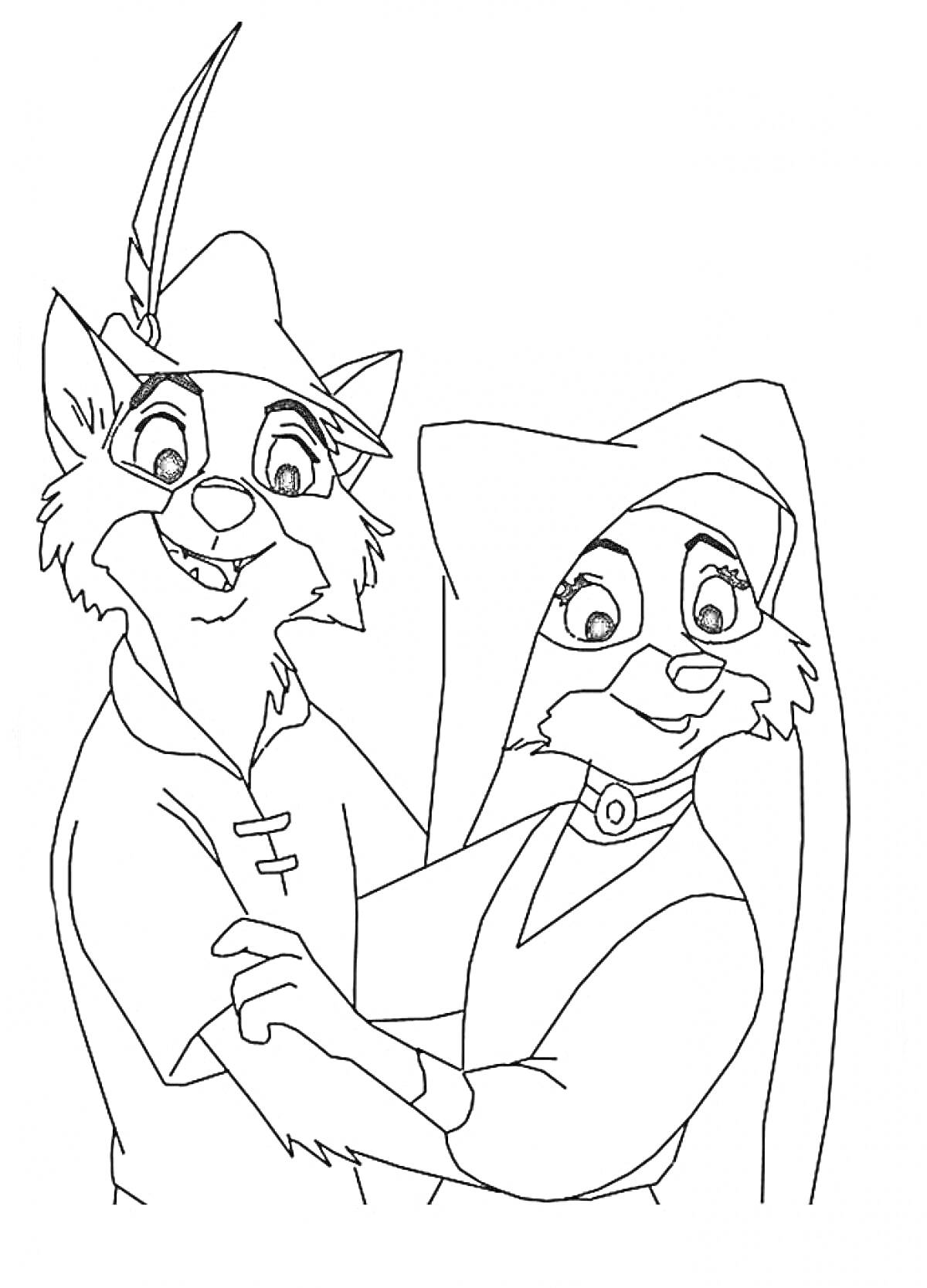 Раскраска Два антропоморфных персонажа из мультфильма, один в шляпе с пером, второй - в головном уборе и платье.