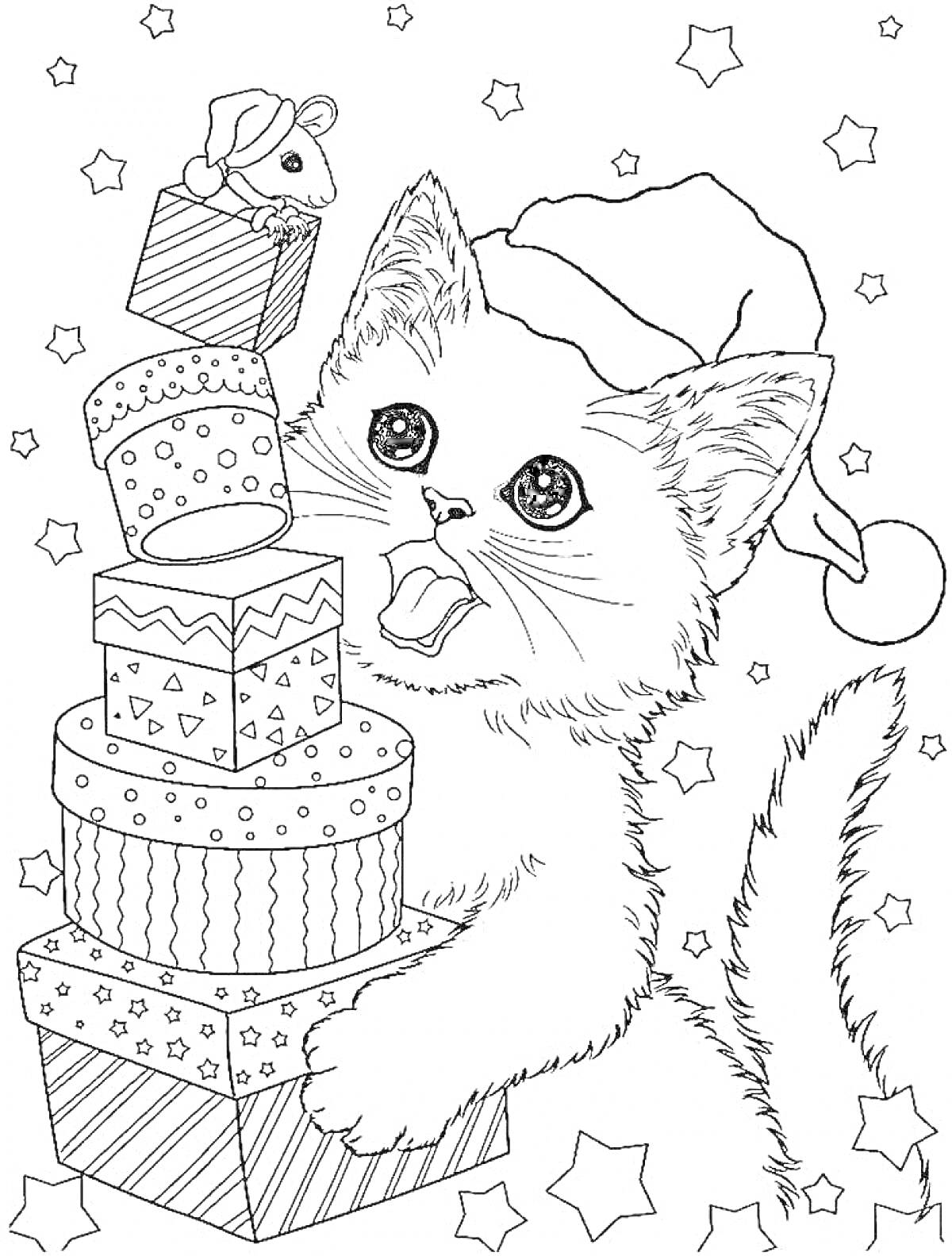 Раскраска Котик в новогодней шапке с подарками и мышкой, вокруг звезды