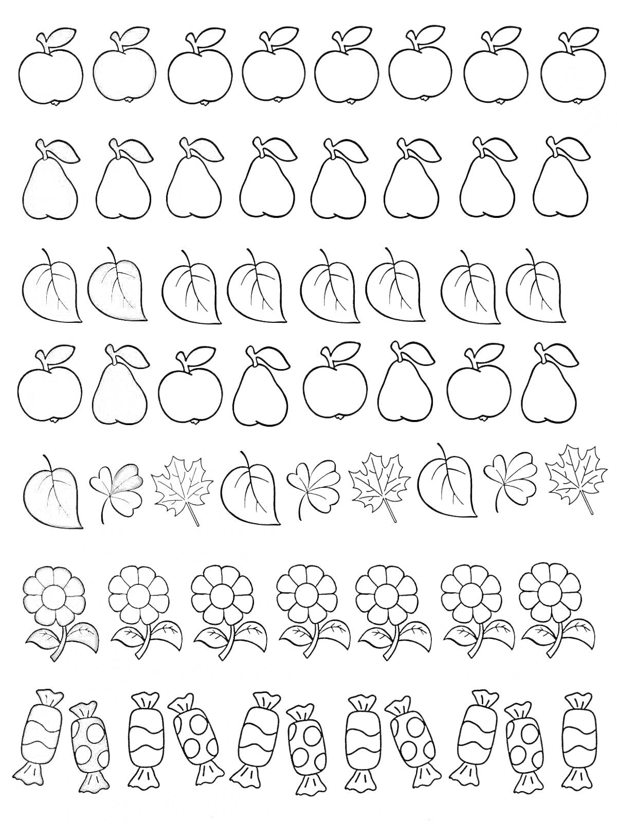 На раскраске изображено: Логические задачи, Груши, Листья, Цветы, Конфеты, Для детей, 4-5 лет, Обучение, Внимание, Последовательность