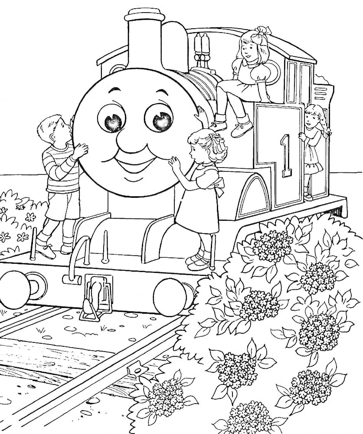 Раскраска Томас и дети, стоящие возле паровоза с номером 1, на фоне кустов c цветами