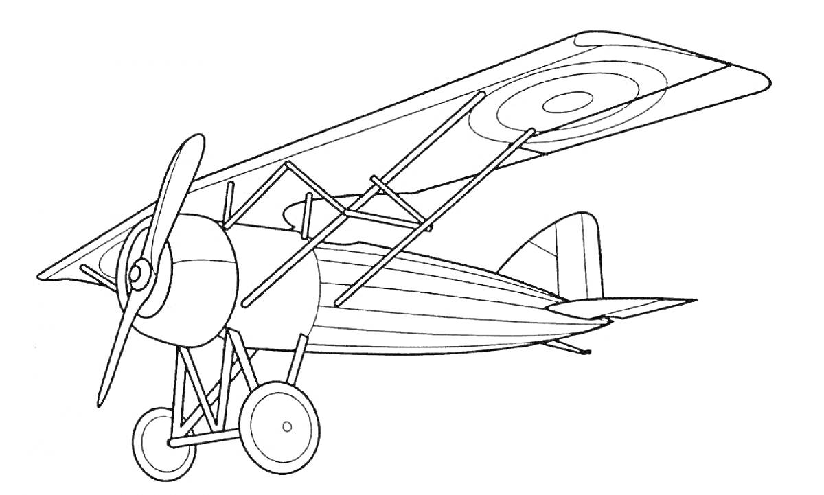 Раскраска Винтажный одномоторный аэроплан с пропеллером, верхним крылом и колёсным шасси