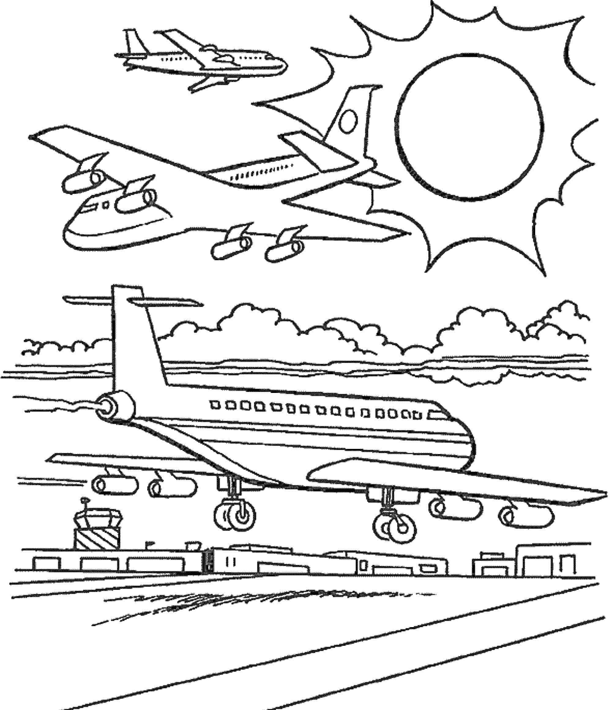 Аэропорт с самолетами в полете и на взлетной полосе, солнце и облака