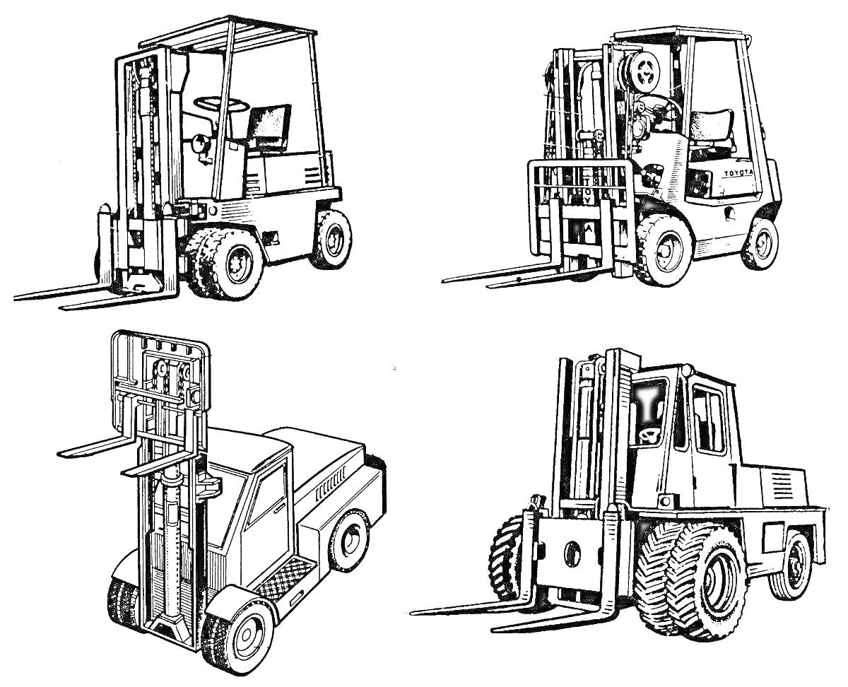 Раскраска с четырьмя изображениями вилочных погрузчиков. На первом изображении погрузчик с открытой кабиной и подъемными вилами. На втором изображении погрузчик с закрытой кабиной и подъемными вилами в передней части. На третьем изображении погрузчик с ка
