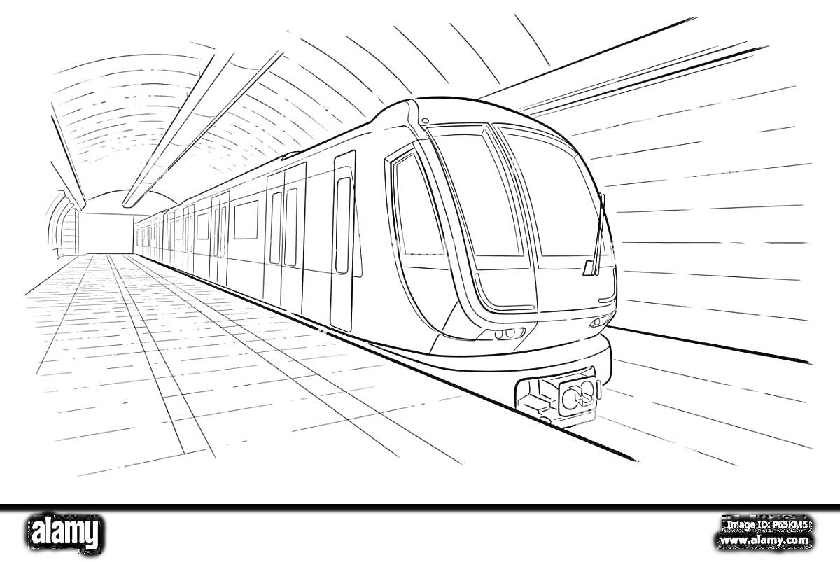 На раскраске изображено: Вагон метро, Станция, Метро, Подземка, Поезд, Плиточный пол, Транспорт, Городской транспорт, Туннель, Железная дорога