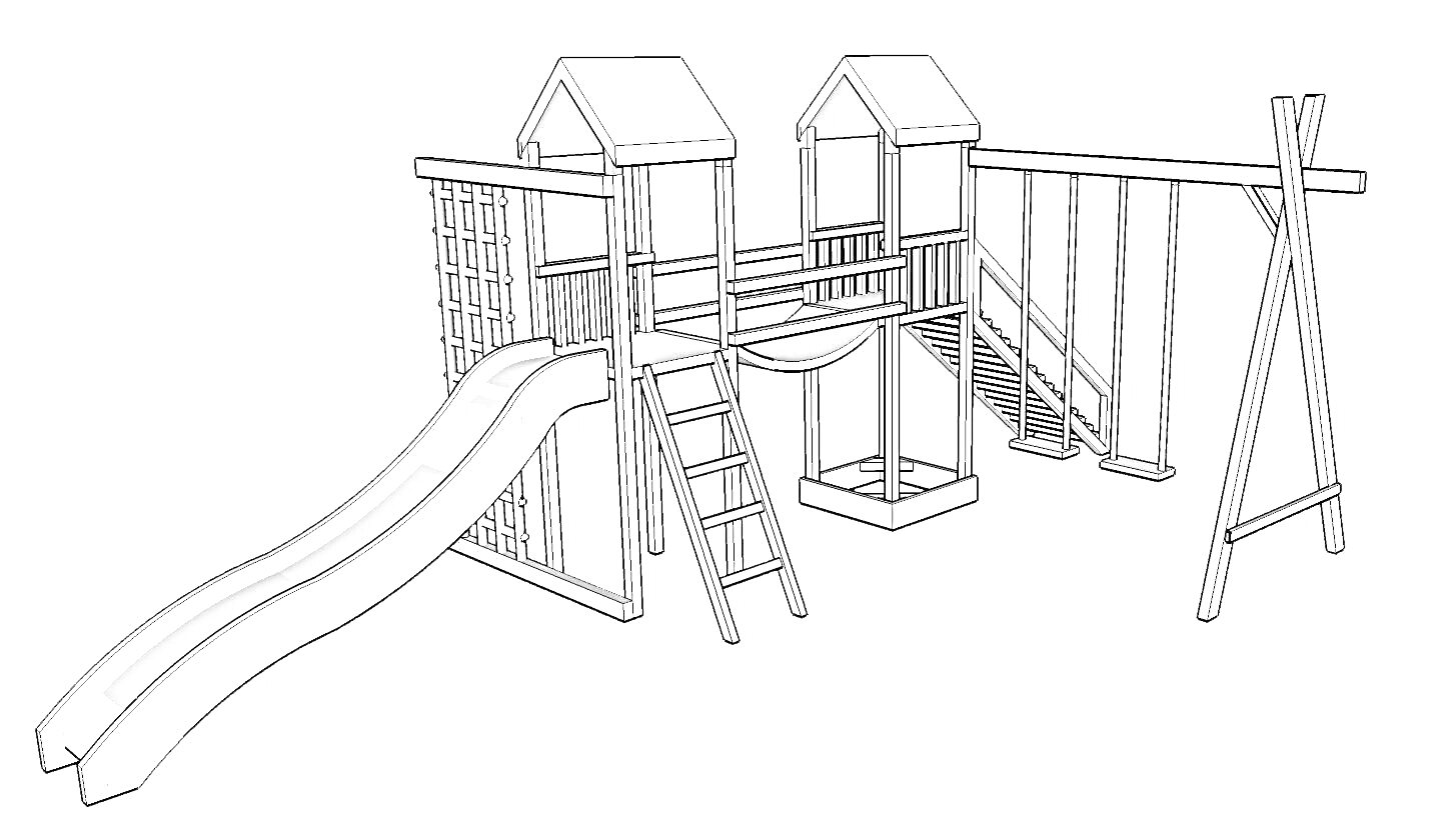 Раскраска Детская площадка с горкой, качелями, лестницей и домиками