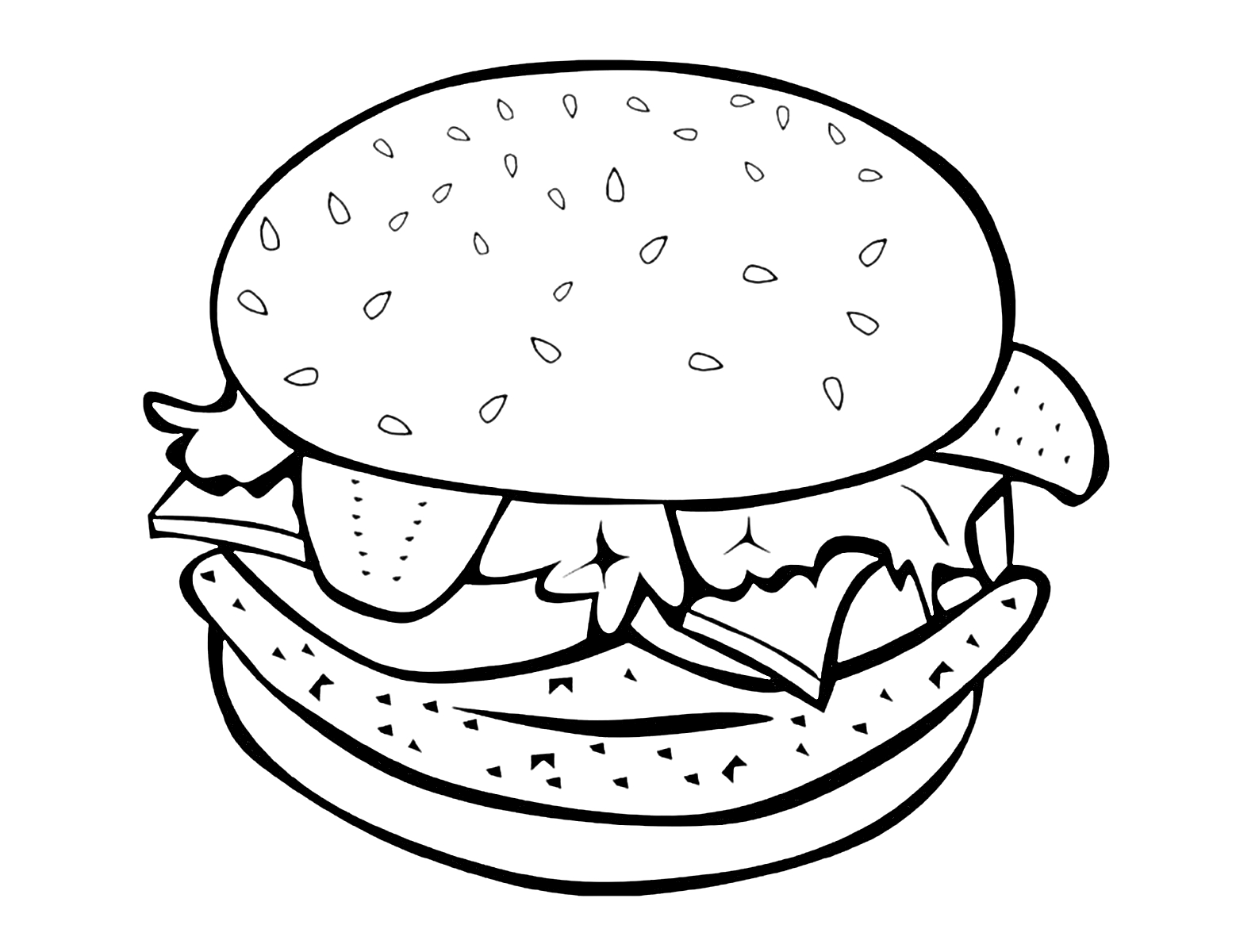 На раскраске изображено: Чизбургер, Бургер, Булочка, Салат, Сыр, Томаты, Соус, Еда