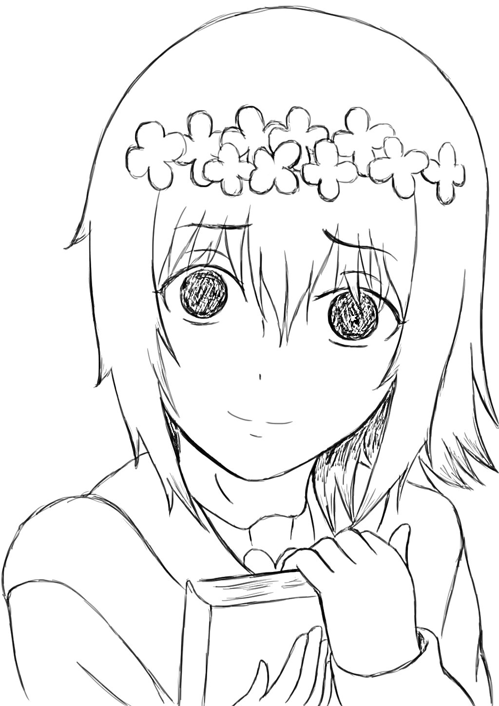 Раскраска Девушка с цветочным венком, держащая книгу из аниме 
