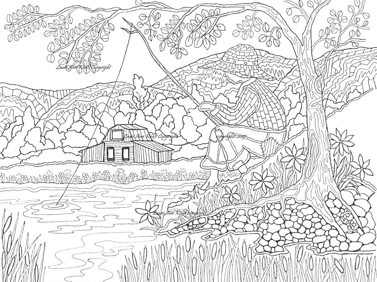 На раскраске изображено: Рыбалка, Природа, Река, Лес, Дом, Горы, Камни