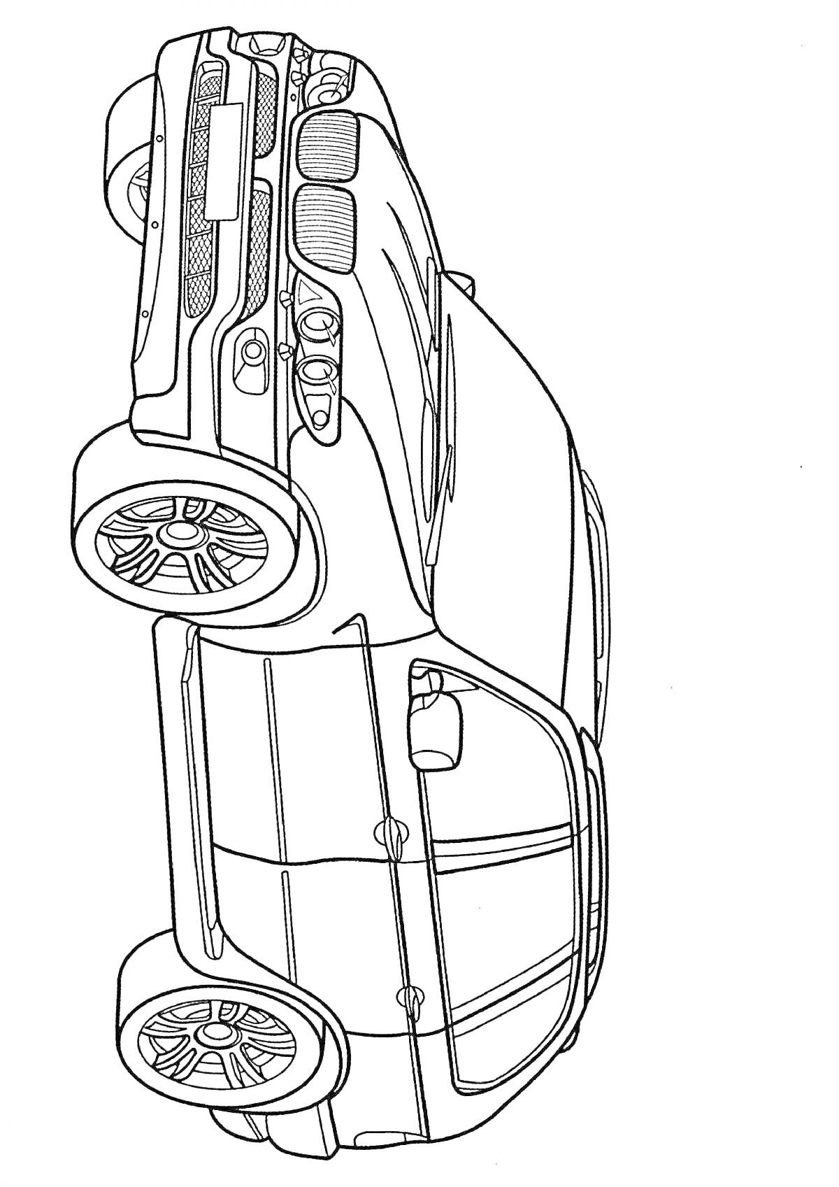 Раскраска Линии для раскраски BMW X5, вид сбоку, колеса, окна, зеркала, двери