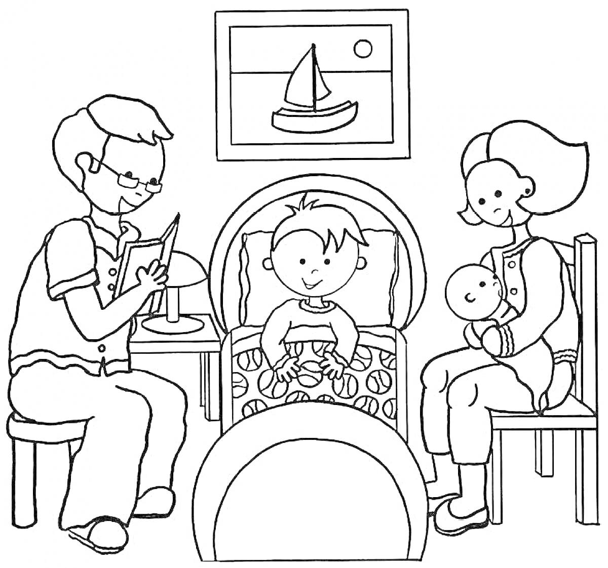 На раскраске изображено: Семья, Папа, Мама, Ребёнок, Младенец, Кровать, Книга, Спальня, Лодка, Мебель, Для детей