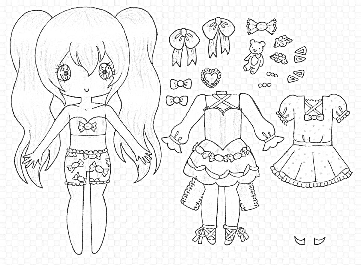 Раскраска Аниме персонаж с одеждой и аксессуарами. На изображении симпатичный аниме персонаж с длинными волосами и двумя хвостиками. В комплект входят одежда (юбка, топы, платье), обувь, наборы аксессуаров (банты, шарфы, значки, медвежонок).